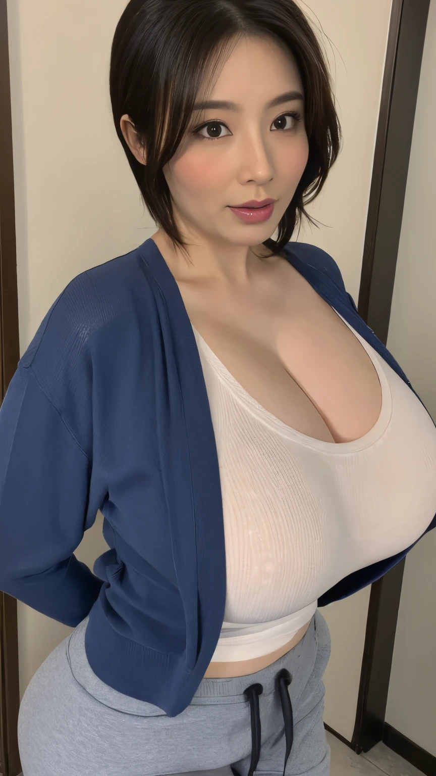 ((room)),(Best Quality,8K,Raw photo,Realistic,High resolution:1.2),(erotic chubby japanese milf)(gigantic huge breasts),(),,(oversized t-shirt),sweat pants,look horny,),((embarrassed erotically)),(((be shy erotically))),upper body ,(tight fit),,(gigantic breasts close-up),door,short hair,looking,(POV face to face),standing