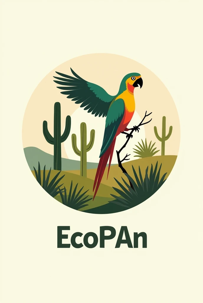 To create a logo for an avian population ecology laboratory in the caatinga, Considere os seguintes elementos:

1. **Bird Symbols**: Include representations of typical caatinga birds, like the Lear's macaw or the  be-te-vi, to highlight the focus on ornithology include more than three birds.

2. **Caatinga Elements**: Add elements that represent the vegetation and environment of the caatinga, like shrubs and trees of the caatinga except cacti .

3. **Simple and Clean Design**: Use a clear and simplified design to ensure that the logo is easily recognizable and reproducible in different sizes.

4. **natural colors**: Use a color palette inspired by the caatinga, like shades of green, brown and beige, reflecting the arid environment and its natural characteristics.

5. **Laboratory Name**: Include the laboratory name in a legible and professional font. 
The name is EcoPAn
