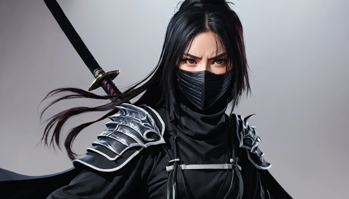 ninja , cape,close up, black heavy detailed clothes, single person, weapon, art, dark and malevolent, weapon, armor, powerful and intimidating, (masterpiece, best quality, ultra-detailed, best shadow), (detailed background, dark fantasy) , armor, high detailed background, girl in demon slayer art, demon slayer art style, epic anime art, God death