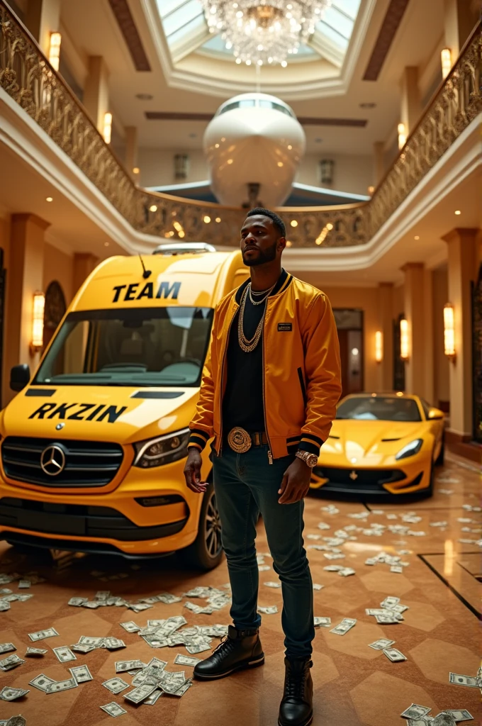 a young man of ,singing trap in a 3-story mansion,and behind him is a van that says TEAM RKZIIN,a yellow camaro,a yellow Lamborghini,a jet,money,hookah and smoke,glasses of gin and whiskey,semi-naked women,and panties thrown in the air by fans