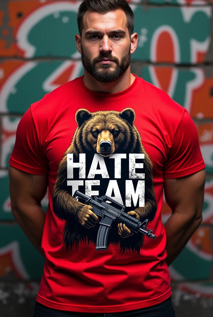 Create a red shirt for an organized team, with a large angry bear printed on it, com uma Ak-47, written HATE TEAM in Portuguese 
