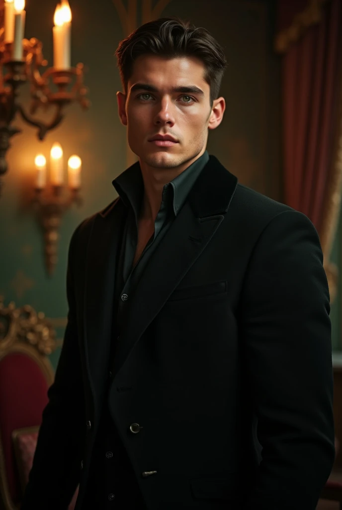 Men, short dark brown hair, 24 years, right hand of a duke, victorien style, from the 1721, comes from Wales, green eyes, vampire atmosphere, human, has black clothes, novel, character design, hot guy, protagonist, strong, even hotter!