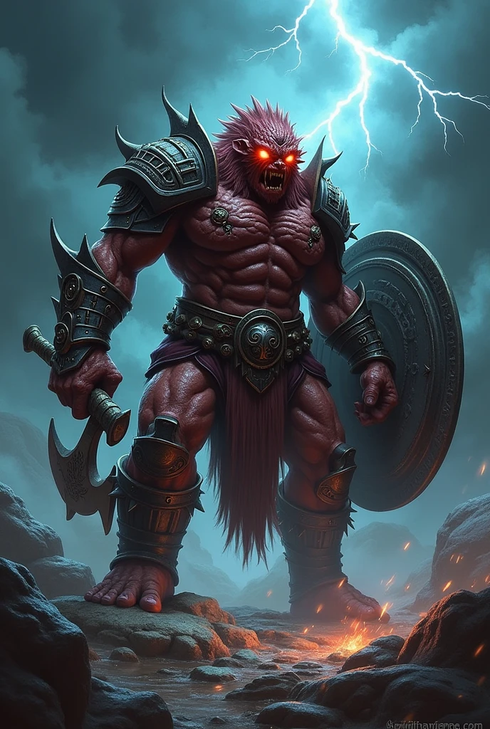 Storm Style D20 Troglodyte with red eyes and heavy armor with a shield in one hand and a Pickaxe in the other