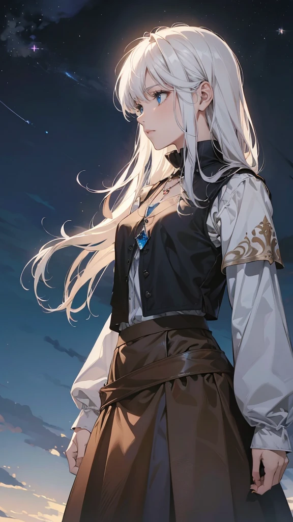women, female, Alone, alone, by white, long loose rebellious hair, ((white pure hair)), crazy bangs, white eyebrows, white eyelashes, ((prominent blue eyes 9.0)), wearing a white shirt with a ((black leather vest fitted)), Gray background, profile, character design image, high quality, 4k resolution, cheered up, paint, elegant, clothing of the middle ages, noble medieval, beautiful, long brown skirt, brown cloth belt, cintura beautiful, perfect body, femenine pose, interesting, night sky, stars, ((Tight clothing, loose sleeves)), ((Square Sapphire necklace 9.0))