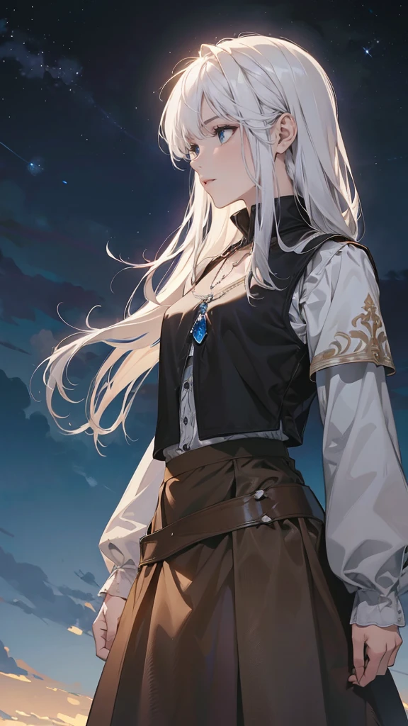 women, female, Alone, alone, by white, long loose rebellious hair, ((white pure hair)), crazy bangs, white eyebrows, white eyelashes, ((prominent blue eyes 9.0)), wearing a white shirt with a ((black leather vest fitted)), Gray background, profile, character design image, high quality, 4k resolution, cheered up, paint, elegant, clothing of the middle ages, noble medieval, beautiful, long brown skirt, brown cloth belt, cintura beautiful, perfect body, femenine pose, interesting, night sky, stars, ((Tight clothing, loose sleeves)), ((Square Sapphire necklace 9.0))