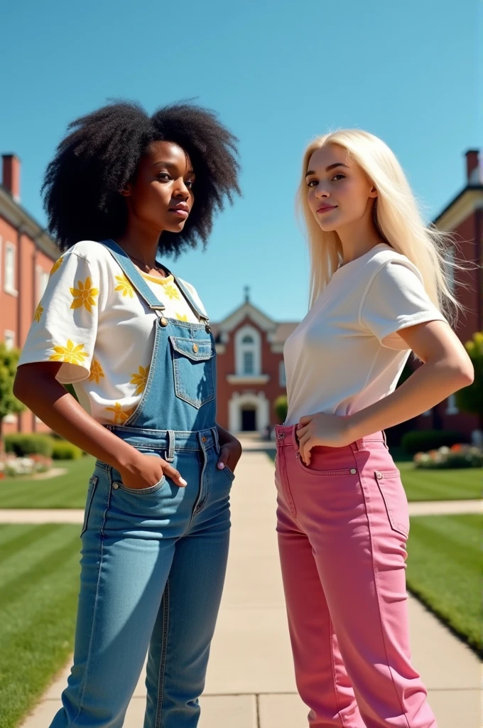 A university background and positioned in front in this order from front to back: two teenagers, a black woman with curly black hair and brown eyes, Behind her a white woman with wavy brown hair wearing a white blouse with yellow flowers and blue overalls, On the opposite side in front we have a white blonde with long hair dressed in pink clothes and faces, Behind her is her boyfriend, Blonde with an American football jersey try to create a rivalry between them
