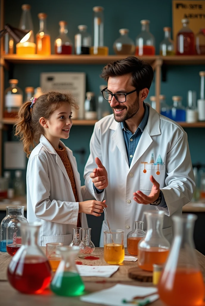 (drawing of a laboratory with a girl and a chemistry teacher