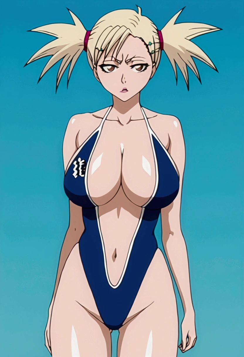 1girl, breasts, solo, blonde_hair, swimsuit, bad_face, brown_eyes, hairclip, one-piece_swimsuit, hair_ornament, navel, cleavage, highleg, lips, twintails, highleg_swimsuit, large_breasts, thighs, shiny, navel_cutout, pigtails, shiny_skin, bare_shoulders, huge_breasts, parted_lips, skindentation, clothing_cutout, gradient_background, gradient, collarbone, cowboy_shot, standing, blue_one-piece_swimsuit, thick_thighs