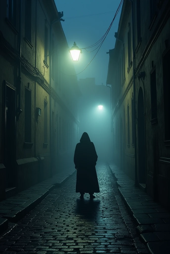 A deserted street at night, illuminated only by a single street lamp casting long, distorted shadows on the ground. No fundo, a cloaked figure, partially obscured by the darkness, Watching from afar, immobile. The windows of the surrounding houses are closed, but one has a faint sliver of light coming from it, suggesting someone is watching. The thick fog floats across the ground, criando uma atmosfera inquietante, and the silence is broken only by the distant sound of footsteps, echoing down the empty street.