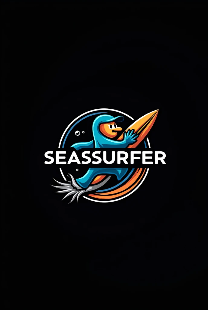 a circle logo, a surf mascot, "SEASSSURFER" text in the middle, black background, detailed logo design, intricate design, minimalist style, clean lines, (best quality,4k,8k,highres,masterpiece:1.2),ultra-detailed,(realistic,photorealistic,photo-realistic:1.37),professional,vivid colors