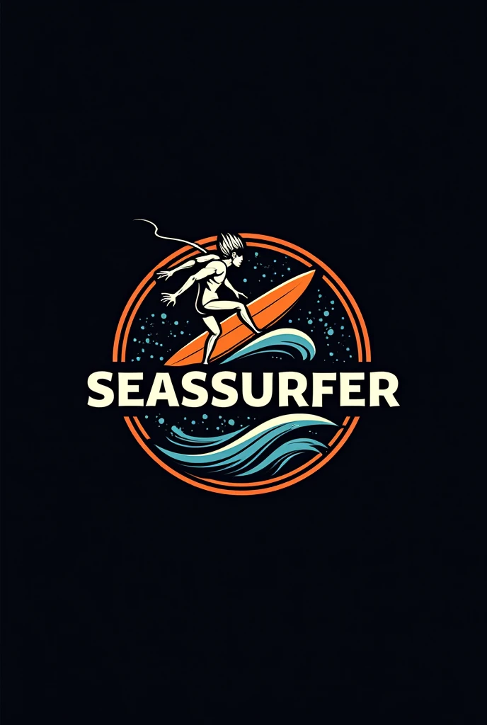 a circle logo, a surf mascot, "SEASSSURFER" text in the middle, black background, detailed logo design, intricate design, minimalist style, clean lines, (best quality,4k,8k,highres,masterpiece:1.2),ultra-detailed,(realistic,photorealistic,photo-realistic:1.37),professional,vivid colors