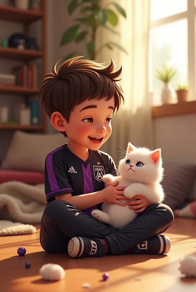 A boy with a fringe, with a 5cm long neck, sitting on the floor of his house with a smile, wearing a black and purple Ajax jersey, while petting his small white cat that is shedding fur.