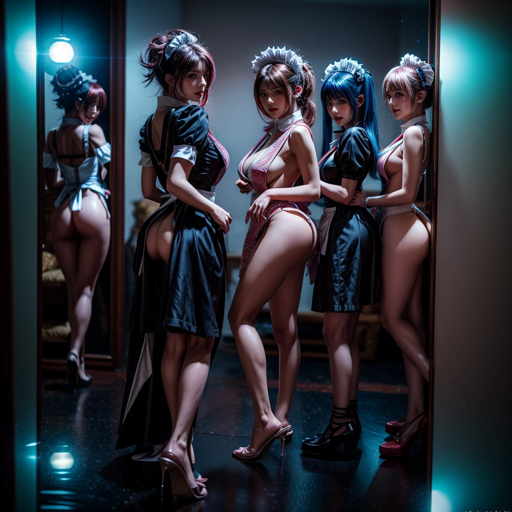 (Full Body of Extremely Detailed((Sexy Maid Group in a row:1.37))), KAWAII perfect face, Reflective Eyes, Detailed(Delicate Clothing textures), Correct Leg Line, Dynamic Joyful Expressions LifeLike Rendering, Specular Reflection, TopQuality 8K Ultra-detailed masterpiece (ProfessionalPhoto:1.37), (Acutance:0.8), (Luminism:1.28), Renaissance art style, Colorful Light particles, ((Full body from side)), {MicroMini Skirt|Kissing|Breast Lifting|Undressing|Thigh Gap|AssFocus|(NakedApron with Overflowing SideBoob)|Reflectiv NippleSticker}, Radiant Fine Skin with Transparency, (Exposed:0.4), (Different types of Anime hair color){Pink Hair|Blue Hair|Platinum Blonde|Pure White Hair|Liquid Hair}, Perfect Lighting