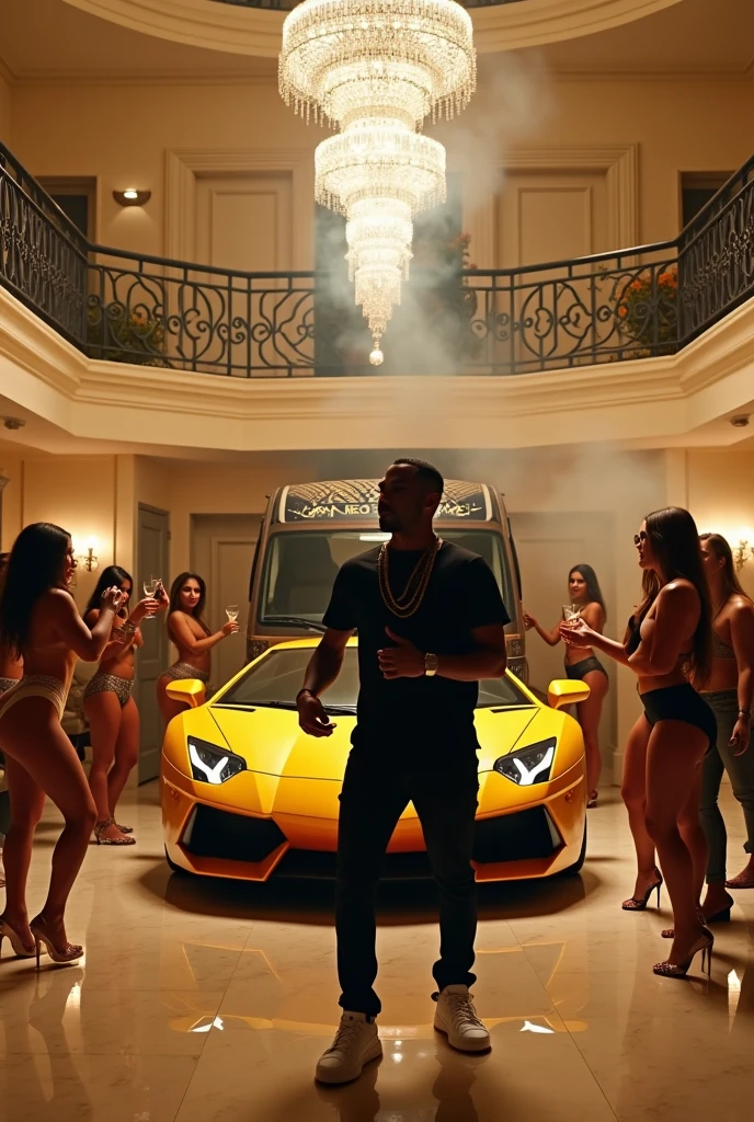 a young man of ,singing trap in a 3-story mansion,and behind him is a van that says TEAM RKZIIN,a yellow camaro,a yellow Lamborghini,a jet,money,hookah and smoke,glasses of gin and whiskey,semi-naked women,and panties thrown in the air by fans