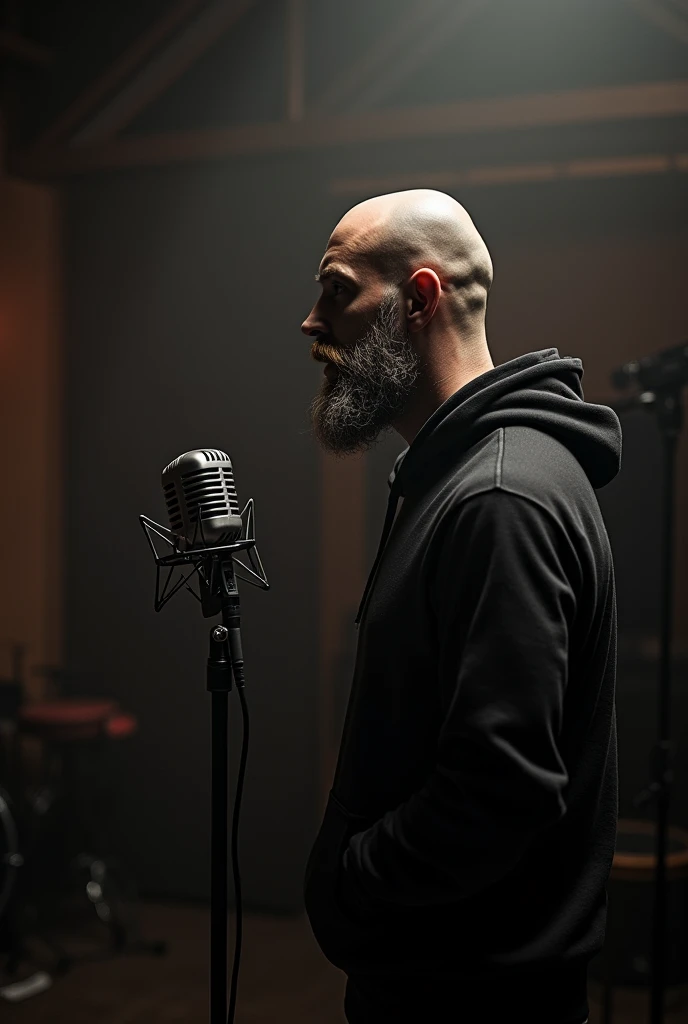 musical studio, large dark room with very little light and a man next to a recording microphone, a bald white man, a sports hood covers part of his head, barba mediana, his facial features are not very visible due to the low light, He's wearing a sports sweater