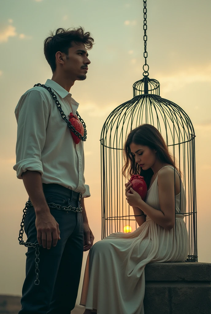 Create two images in one photo: of a man chained by emotional dependence with his wounded and broken heart and of a woman inside a cage due to emotional dependence with her suffering and crying heart. Don't be afraid, but rather show sadness, not suffering, the despair of not being able to free themselves. They both have to be clothed.. From the back or from the front or both in one. Raise awareness of emotional dependence for both genders. No dark images. 