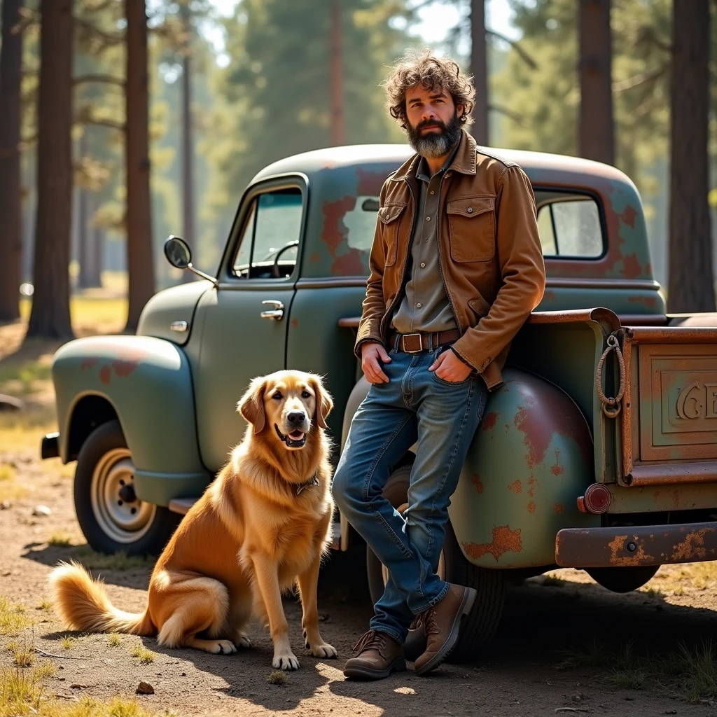 Generate illustrative image of men with dog and car