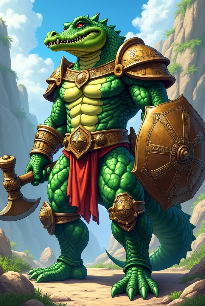 Anime style humanoid alligator with red eyes and heavy armor, holding a shield in one hand and a pickaxe in the other.