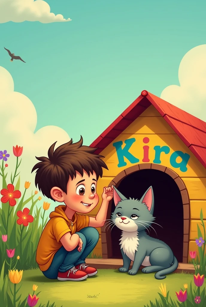 Un ragazzo alto con un collo molto lungo e con i capelli corti che accarezza il suo gatto grigio e si mette ad amarlo con tutto il suo cuore diffianco alla cuccia con su scritto kira versione cartone 