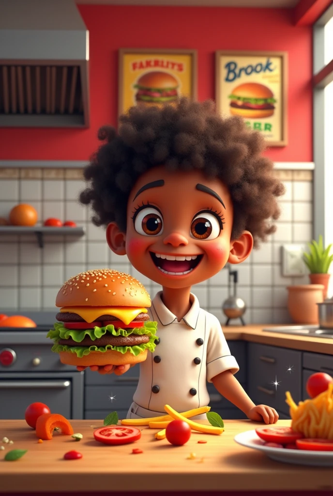 A small, dark-skinned chef holding out a hamburger for a fast food logo