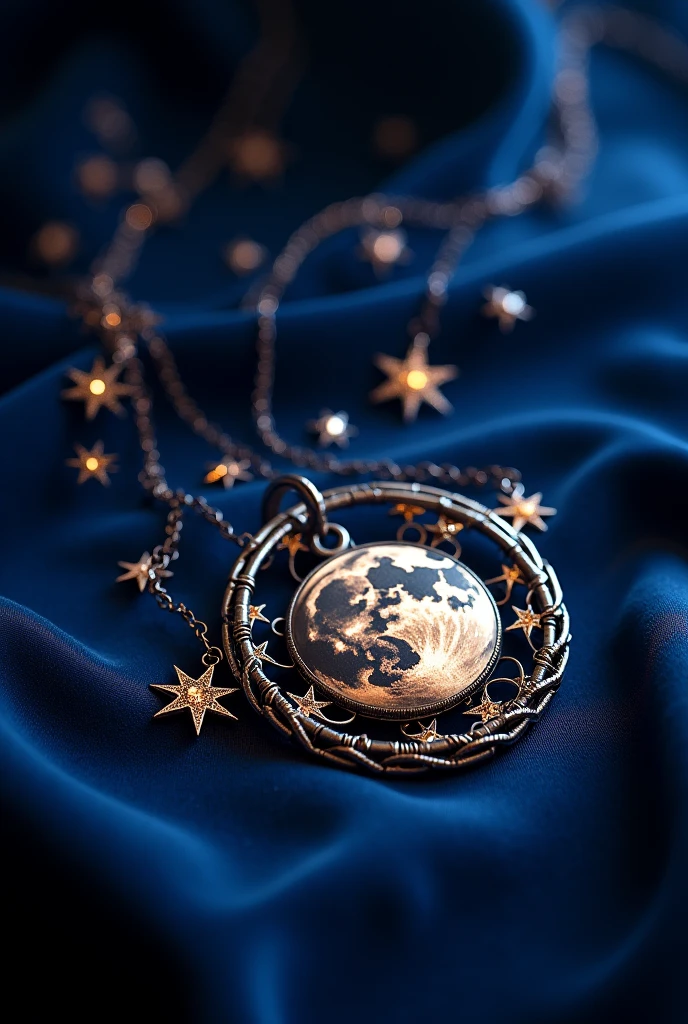 can you generate a necklace with a design of circle like a representation of a moon with a star design outside slanted on it.