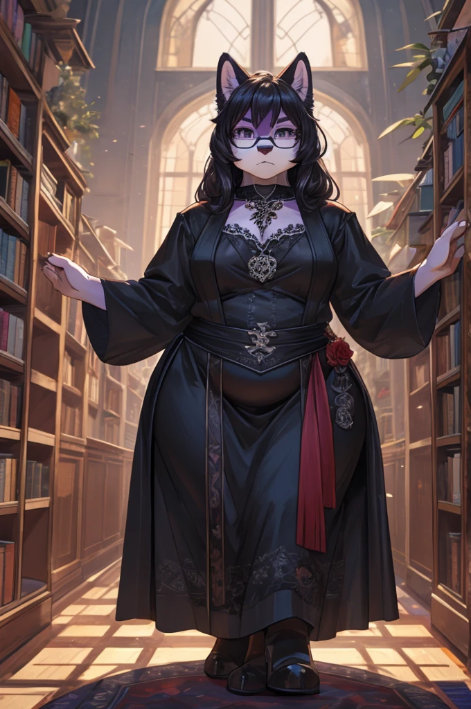 Masterpiece, High quality, High quality of art, best quality, best details, ultra quality, anime artstyle, 2d lineart, furry, girl, solo, tall, black and purple fur, Black fur on the chest and belly, Gothic clothes, big thighs, Tattoo on the chest, glasses, black gothic clothes, disgruntled look, black face fur, Curvaceous figure, a bit chubby, Librarian, purple fur, paws, a bit fat ass, in library, Semi-open Gothic clothing, lush dark hair