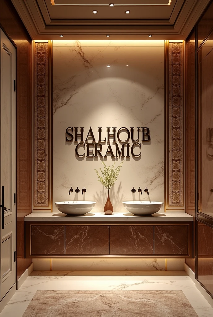 Write “SHALHOUB CERAMIC” on the wall in salon room and around it luxury tiles, Marble, granite and basins.