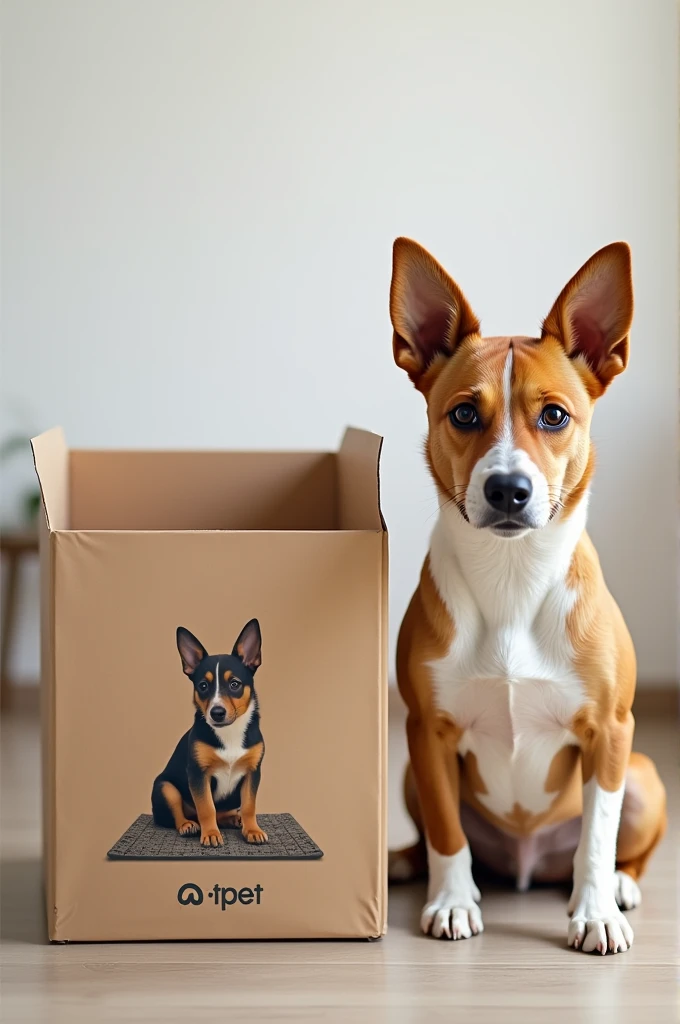 Create an image of a dog sitting next to a pet mat box with the Tapet brand and a dog on the cover.