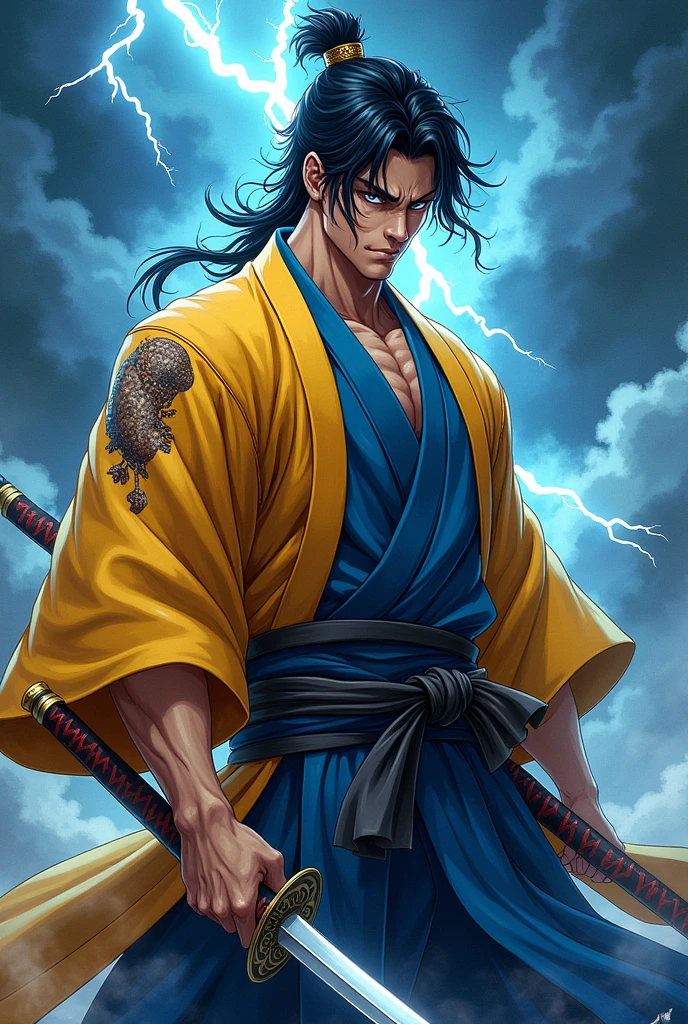 A thunder swordsman with a scar on his arm wearing a thunder haori, anime style
