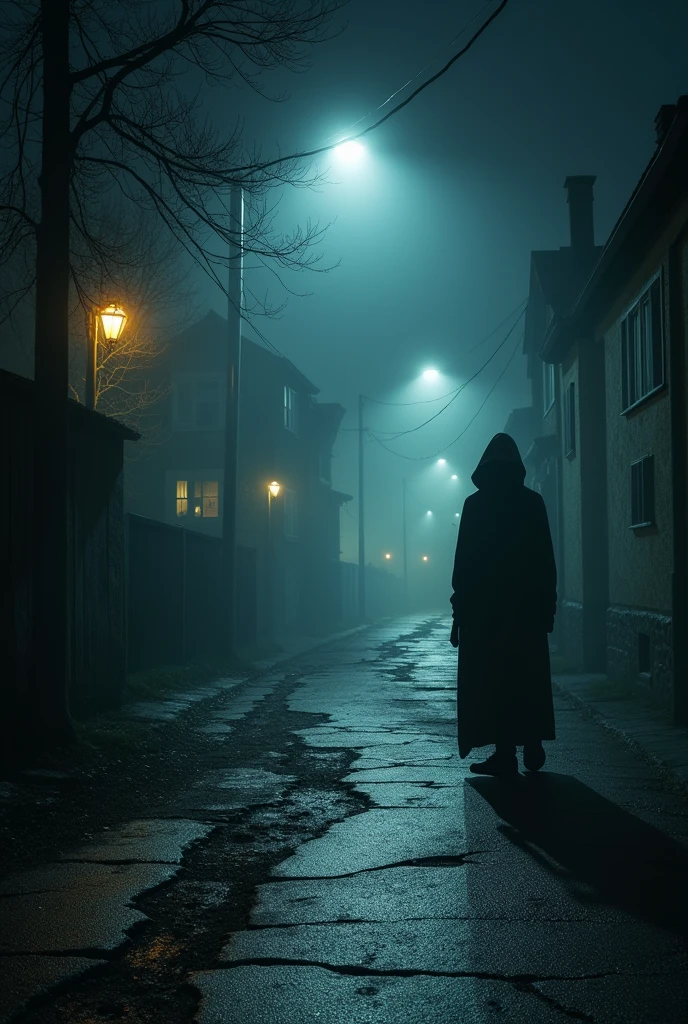 A deserted street at night, illuminated only by a single street lamp casting long, distorted shadows on the ground. No fundo, a cloaked figure, partially obscured by the darkness, Watching from afar, immobile. The windows of the surrounding houses are closed, but one has a faint sliver of light coming from it, suggesting someone is watching. The thick fog floats across the ground, criando uma atmosfera inquietante, and the silence is broken only by the distant sound of footsteps, echoing down the empty street.