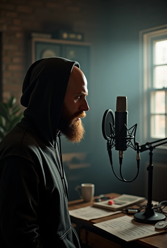 musical studio, large dark room with very little light and a man next to a recording microphone, a bald white man, a sports hood covers part of his head, not very long brown beard, his facial features are not very visible due to the low light, He's wearing a sports sweater