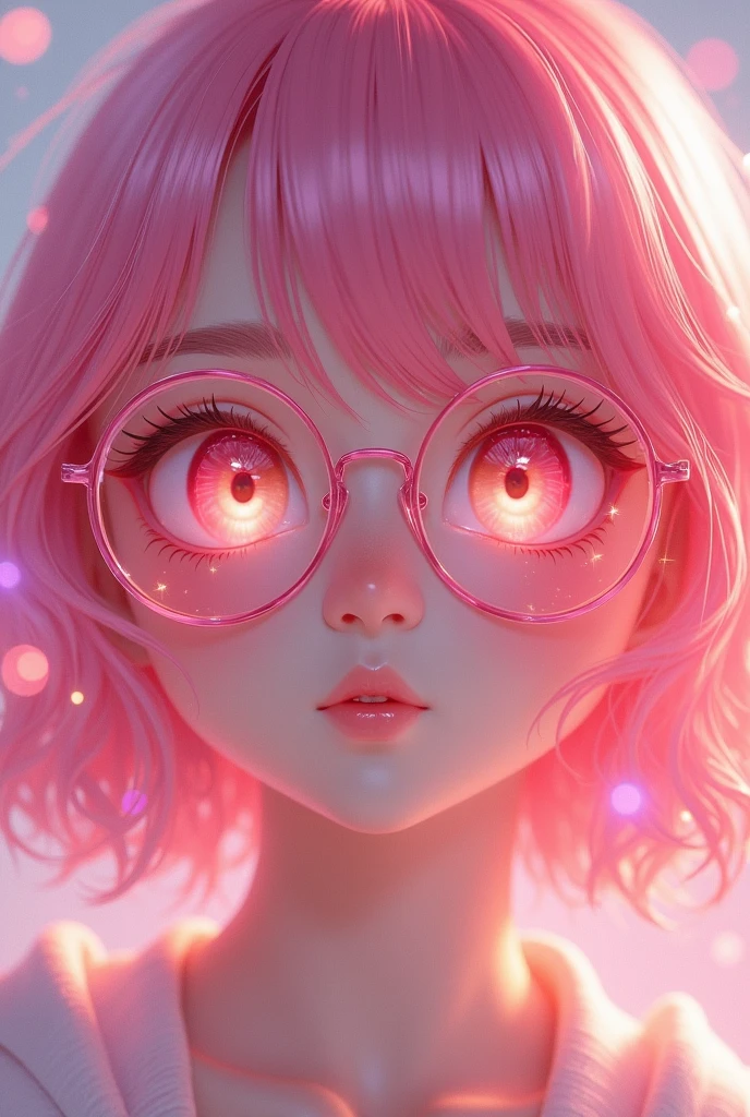 Close-up of a woman with pink hair wearing glasses, artwork in Guvez style, Guvez, kawaii realistic portrait, inspired by Seihiko-kun, glowing pink face, pink girl, beautiful anime portrait, pink glasses, glowing pink eyes, realistic anime 3 D style, Yanjuncheng, realistic anime art style, ((pink)8k