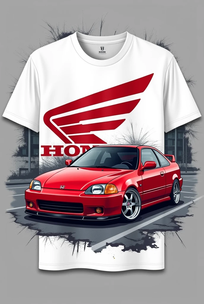 Design a white t-shirt with a red 1996 Honda Civic Coupe, two doors, and a large Honda 'H' on the back of the shirt.