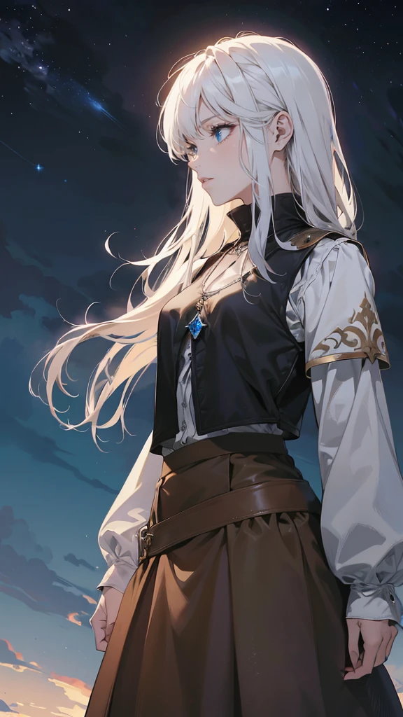 women, female, Alone, alone, by white, long loose rebellious hair, ((white pure hair)), crazy bangs, white eyebrows, white eyelashes, ((prominent blue eyes 9.0)), wearing a white shirt with a ((black leather vest fitted)), Gray background, profile, character design image, high quality, 4k resolution, cheered up, paint, elegant, clothing of the middle ages, noble medieval, beautiful, long brown skirt, brown cloth belt, cintura beautiful, perfect body, femenine pose, interesting, night sky, stars, ((Tight clothing, loose sleeves)), ((Square Sapphire necklace 9.0))