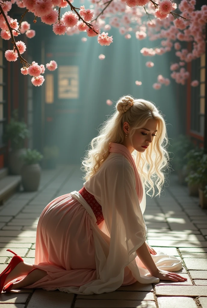 I want a woman, White skin, high, wearing typical white Japanese clothing, who looks like Sesshomaru, curvy without exaggeration, grabbing the neck chain of a blonde, White skin, who is crawling, with red heels, with an anal plug in 