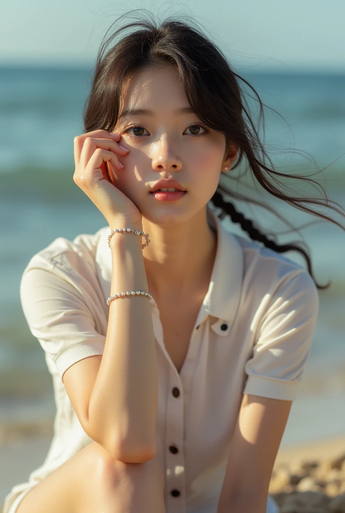 You are a professional photographer。Highest quality, masterpiece, Ultra-high resolution, (Realistic), Spread your legs、RAW Photos, Japanese Idols、Bob Hair、Whole Body Ezbian、tie、bracelet、Highly detailed face and skin texture, Delicate eyes, single eyelid、Cool Beauty,under the sun