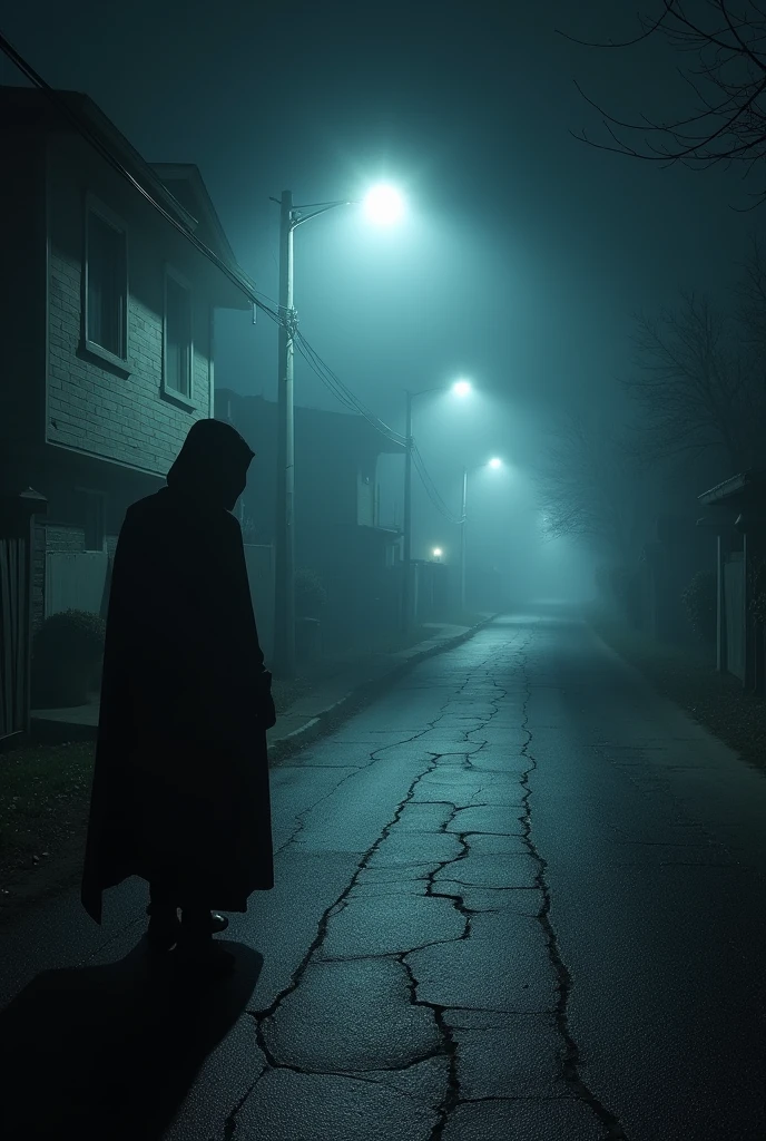 A deserted street at night, illuminated only by a single street lamp casting long, distorted shadows on the ground. No fundo, a cloaked figure, partially obscured by the darkness, Watching from afar, immobile. The windows of the surrounding houses are closed, but one has a faint sliver of light coming from it, suggesting someone is watching. The thick fog floats across the ground, criando uma atmosfera inquietante, and the silence is broken only by the distant sound of footsteps, echoing down the empty street.