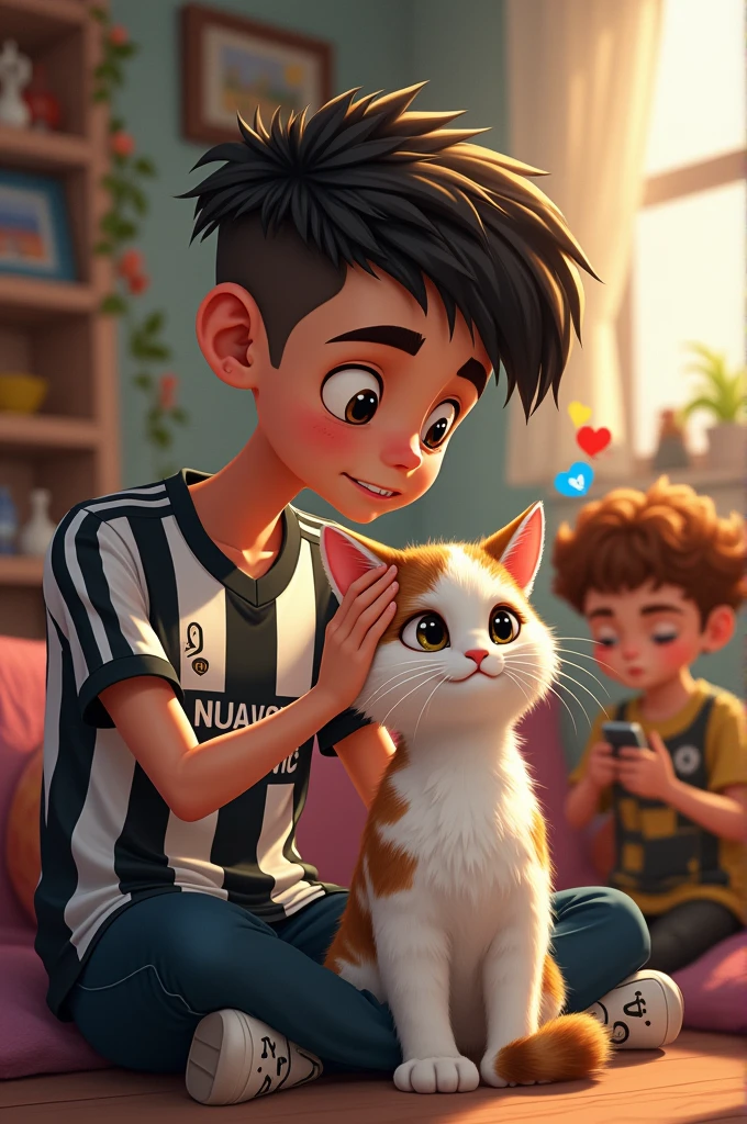 disegna un ragazzo di 14 anni magrissimo con la frangetta da cinese (buzz cut), col collo lunghissimo, con la maglia di vlahovic della Juventus mentre accarezza in modo sdolcinato e da gay il suo gatto bianco con chiazze marroni e nere.
nel retro si vede il telefono da cui escono nuvolette che illustra o i messaggi che i suoi messaggi gli inviano. Samuele duda gli scrive: Leo esci e non fare il gay con quel gatto; seba gli scrive: molla quel gatto.
inoltre si vede anche il suo piccolo fratellino simile a lui ma molto più piccolo sclera re su brawl stars con la testa rossa dalla rabbia