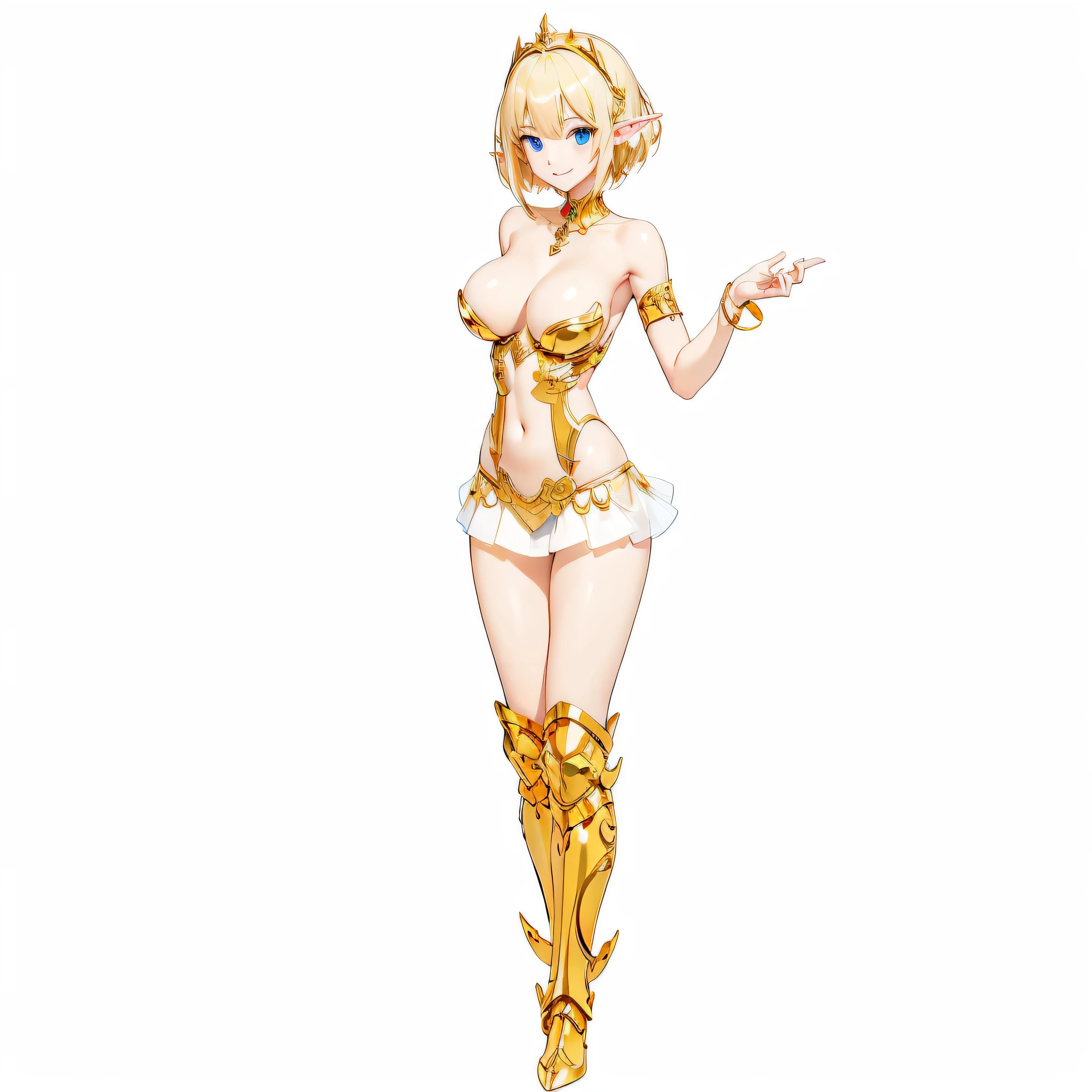 Highest quality、Very detailed、High resolution、16k、Thin contours、耳の長いElf、Nipples are visible、Shining golden armor、Gold bikini armor、Very large breasts、Extremely transparent skirt、Wearing black pants、chest proportion、Smile of the Goddess、Very white skin、Beautiful fingers、Perfect Style、Elf、No bra、Blonde hair and blue eyes、Cool smile