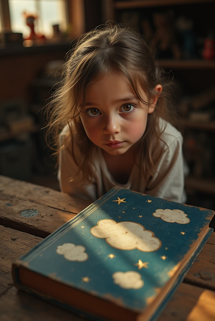 A girl exploring her grandmother's attic. Show old boxes, forgotten toys and a slightly dusty and magical environment. The attic should have soft lighting that highlights the old notebook covered in dust with a bright dark blue cover of stars and clouds.  The girl should appear fascinated when she finds the notebook.