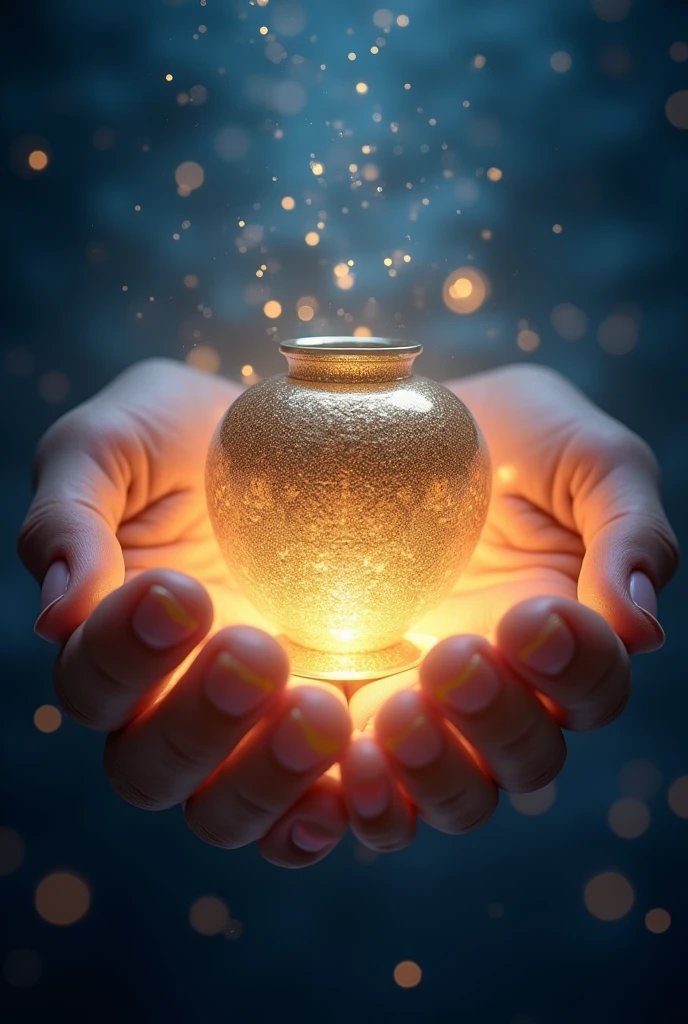 Generates a high resolution image at 9:16 that represents the hands of God restoring a rotating vessel. With a suave golden brilliance that emanates from the hands, with a deep blue background with sparkling light.