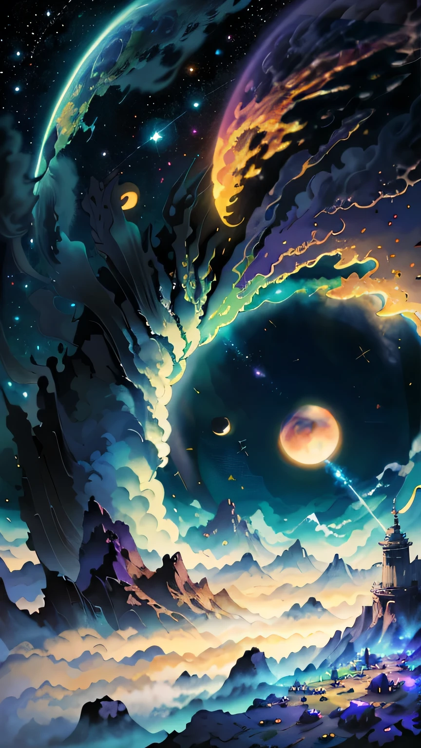 original,Highest quality, (masterpiece), Very detailed, (Illustrations for novels:1.2), (Korean webtoon style:1.2), (Bold Line), (High resolution:1.2), Dramatic Light, One Girl,Flat Chest,Young face,Young body, observatory, looking at space through long Telescope, space, shooting star, thin lines amidst the planets, Look up, Beautiful Face, gear,Fantasy,On a different planet,A massive and beautiful spaceship stands still.,The spaceship is broken,Outside the spacecraft, There are a lot of wrecked spaceships,Expansiveness,Great details,Cinema lenses,Wide-angle composition,Hazy,A starry sky,Indian mythology,laser,Aurora,Shattered rocks fly everywhere.,Fantasy、another world、Starry Sky、3 months、Two Saturns、shooting star、milky way、Multicolored clouds、another world、Expansive ocean、Big waterfall、Countless islands floating in the sky々、Vast views、Wide-angle lens、A view looking down from a high hill. Realistic blurred background. 4K Full HD 60 FPS、Realistic lighting