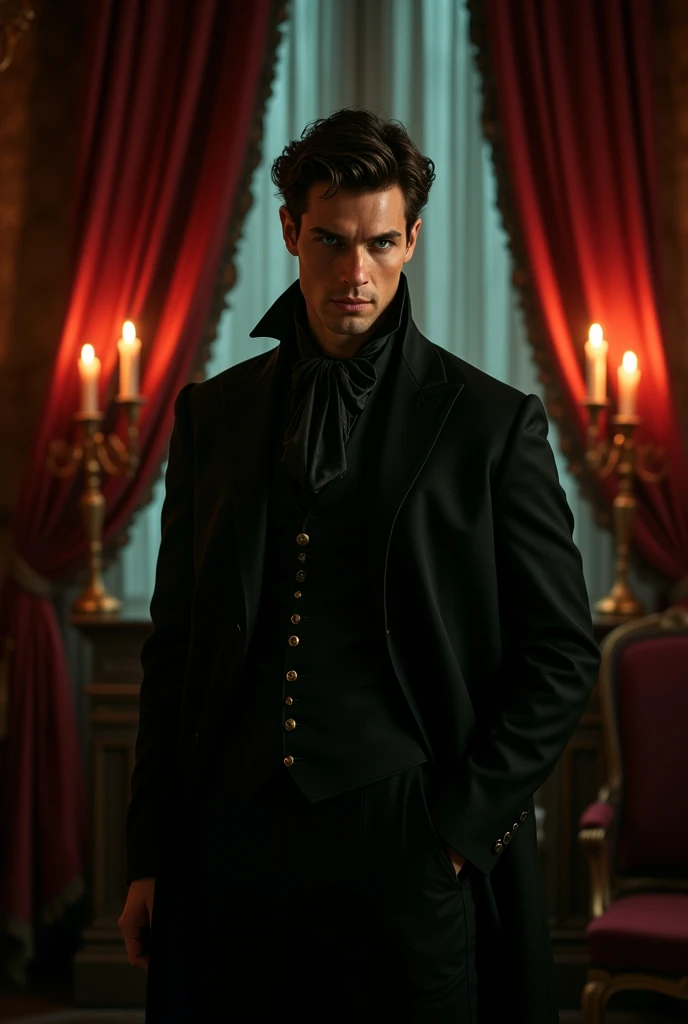 Men, short dark brown hair, 24 years, right hand of a duke, victorien style, from the 1721, comes from Wales, green eyes, vampire atmosphere, human, has black clothes, novel, character design, hot guy, protagonist, strong, Victorian Style/clothes from 172, cheekbones and jawline
