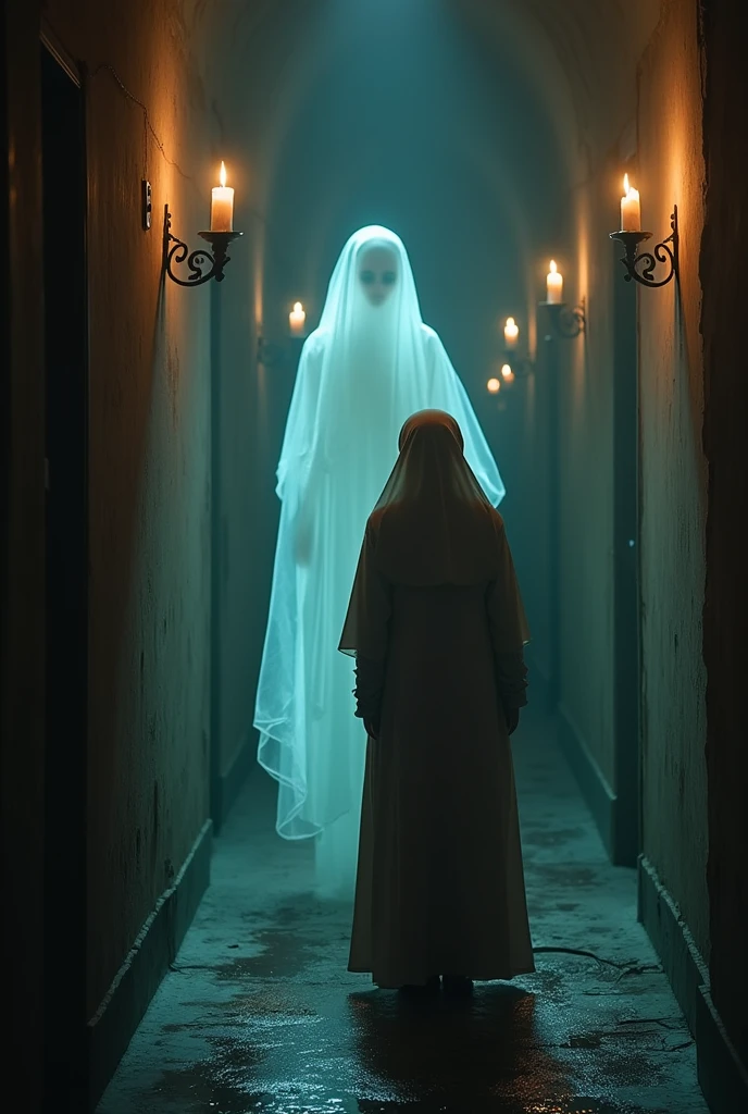 (pp clothes), (realistic), A hijab girl sees the ghost and peed herself, standing position, peeing herself on to pants, peeing:1.3, urination:1.3, pee stain:1.2, pee puddle:1.1, view to viewer