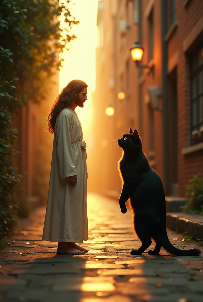 The highly anthropomorphic black cat looks up to see the man with the Jesus haircut walking towards him with a golden light
