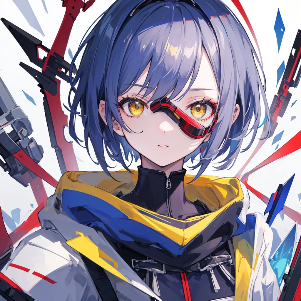 ((Highest quality)), ((masterpiece)), (detailed), ((Highest quality)), ((masterpiece)), (detailed), 1 girl, sexly, yellow eyes, short hair, twintails, whole body, Portrait of a stylish 20 yo woman software engineer, ((with smart goggles)), white Futuristic clothing with blue and red accent colors, hoodie, simple background