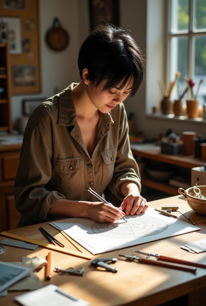 an image of a woman with short black hair who is making a drawing with her measurements of an axis and her calculations