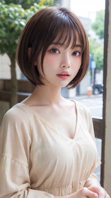 (Bob Cut Hair:1.2),(Wearing a blouse:1.2),1 person,Japanese,21 years old,(Small breasts:1.3),(Highest quality,masterpiece:1.3,Ultra-high resolution,),(Very detailedな,Caustics),(Realistic:1.4,RAW shooting,)Ultra-Realistic Capture,Very detailed,High resolution 16K human skin closeup。 Natural skin texture、,pores、、It needs to be detailed enough to be easily identifiable。 Skin tone is even and healthy looking。 Use natural light and color, Sad expression, Looking into the camera, Perfect dynamic composition, Outdoor