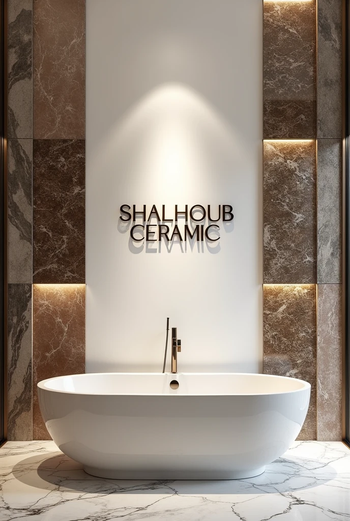 Write “SHALHOUB CERAMIC” on the wall in bathroom and around it luxury tiles, Marble, granite.