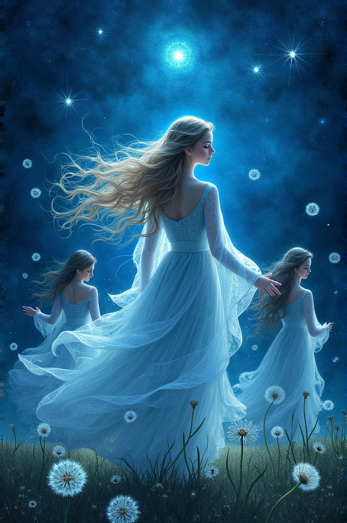 I want an image for the cover of a book that has a blue background and that is of magical things, goddesses, runes and dandelions